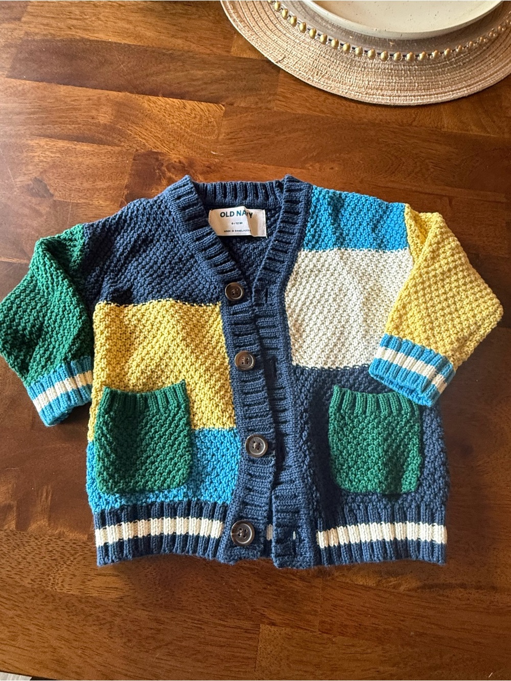 Old Navy Multicolor Block Knit Cardigan — Navy, Green & Yellow 6-12 months